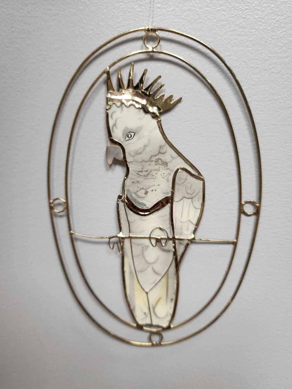Vintage Capiz Shell Suncatcher Stained Glass Style Brass Tone Cockatoo